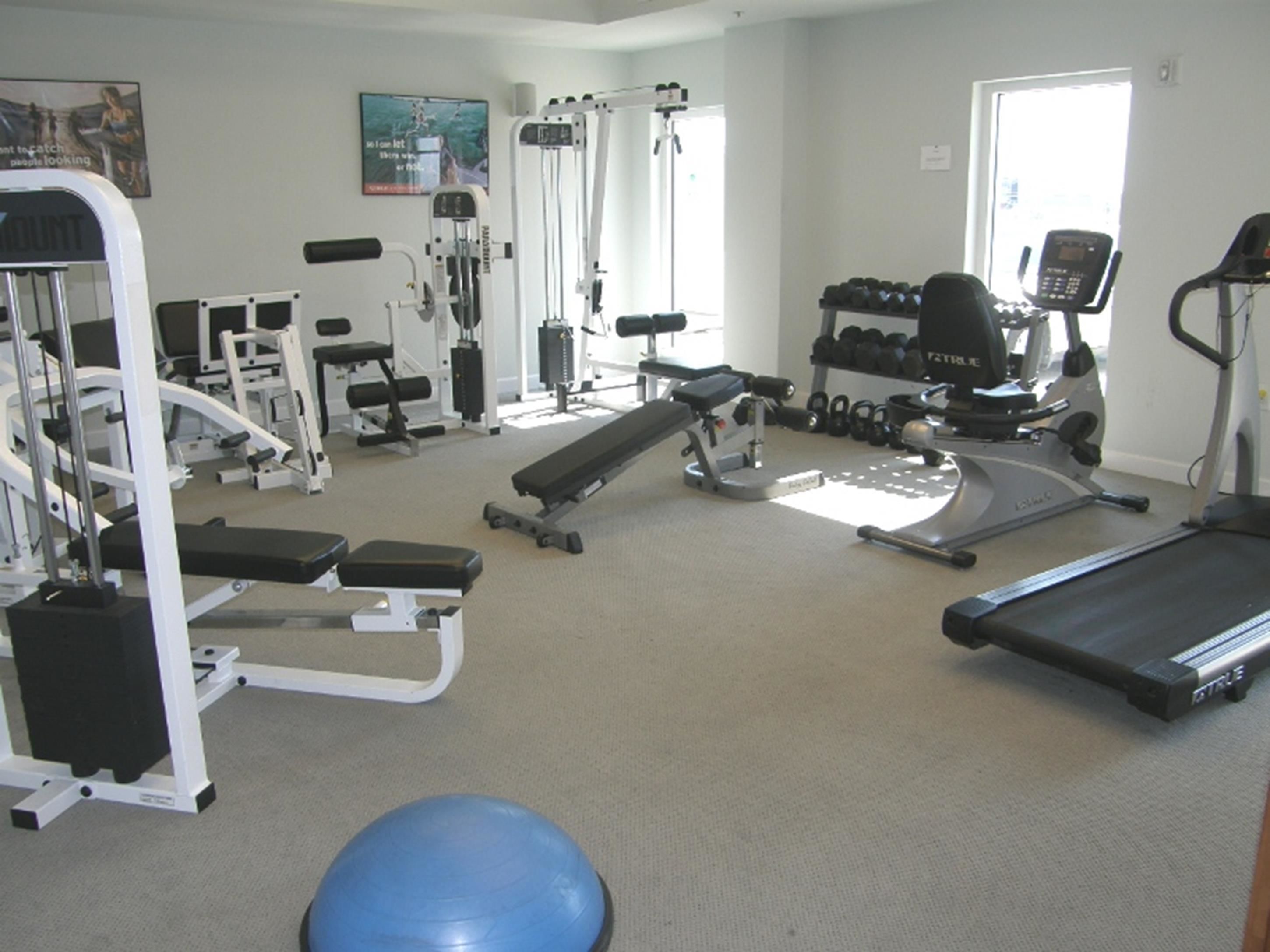 A gym with various exercise equipment including a treadmill, weight machines, and dumbbells.
