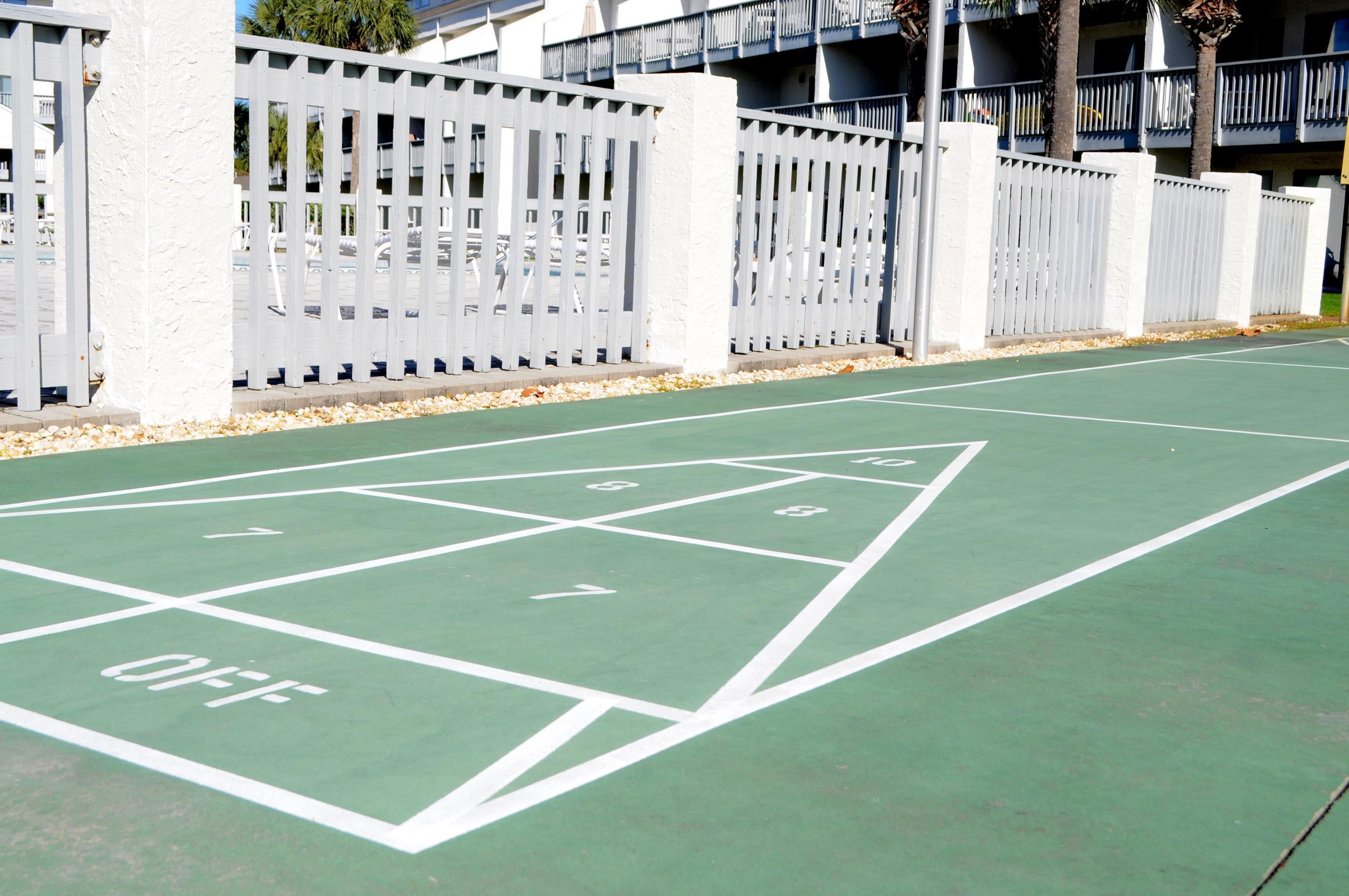 A shuffleboard court with numbered squares and a "OFF" marking.