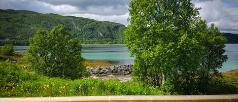 A wooden bench overlooking a lake with trees and a distant mountain range.