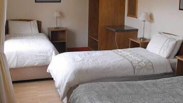 Habitación de hotel con dos camas individuales, un armario de madera, un escritorio y una lámpara colgante.