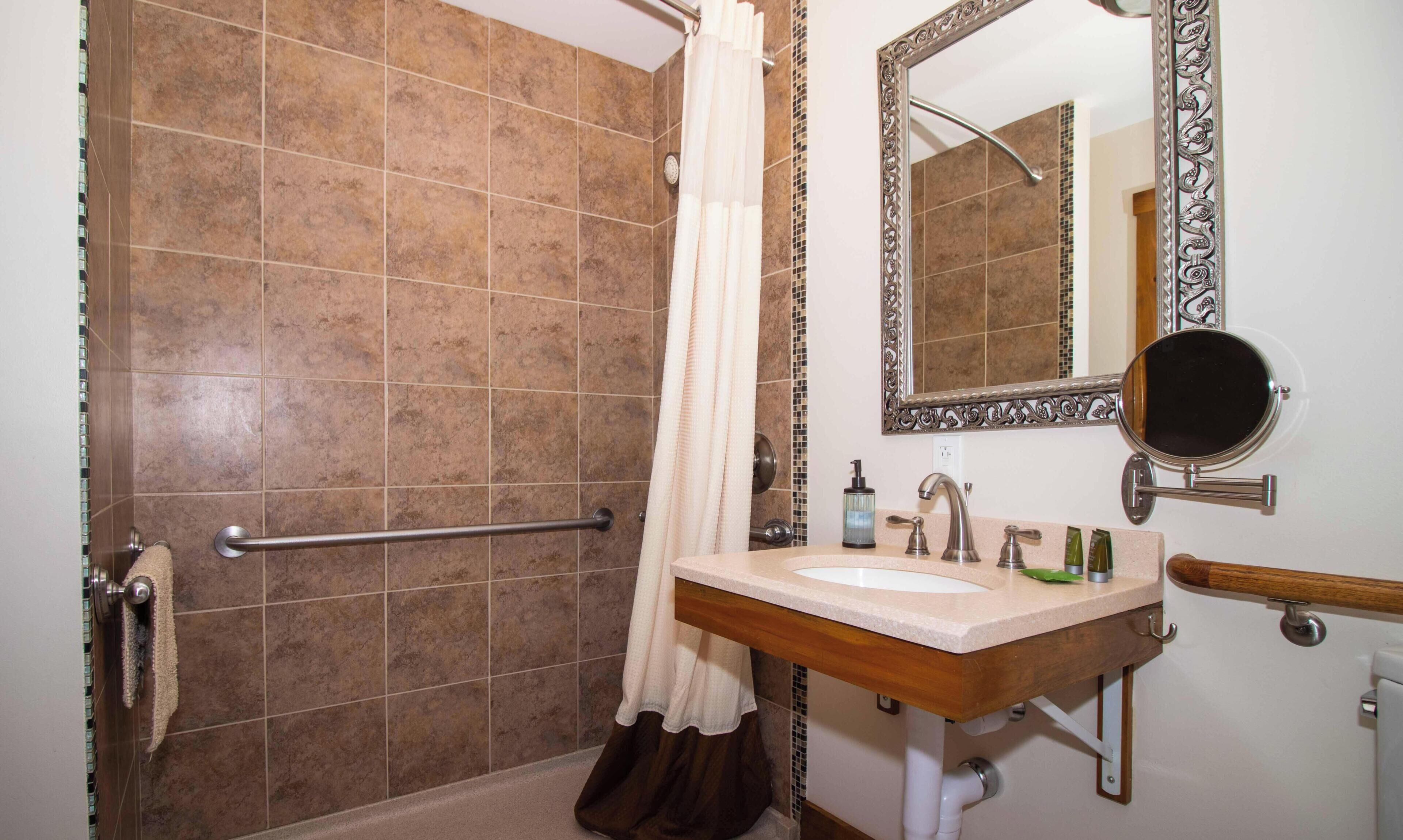 Room, 1 Queen Bed, Roll-in Shower, Courtyard View | Bathroom | Hair dryer, towels, toilet paper