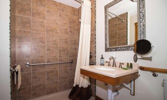 Room, 1 Queen Bed, Roll-in Shower, Courtyard View | Bathroom | Hair dryer, towels, toilet paper
