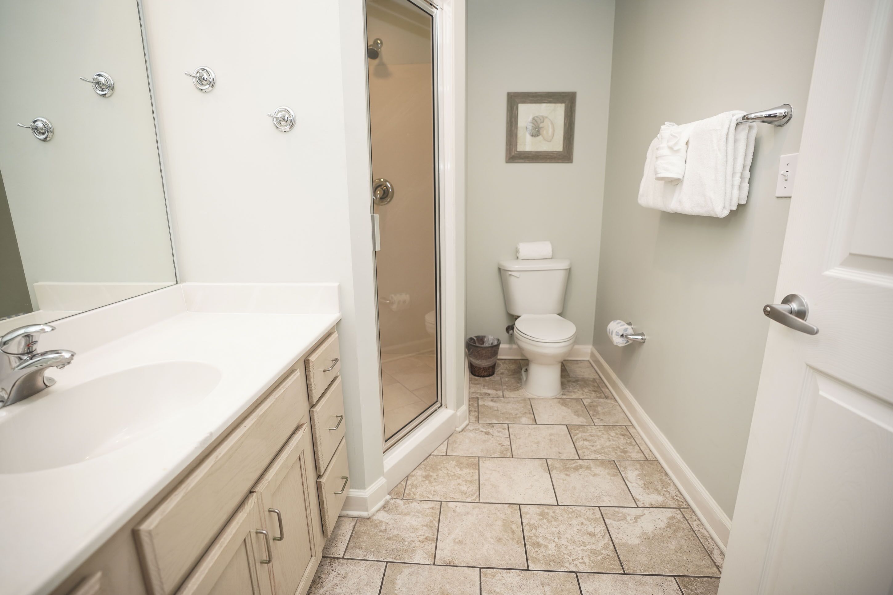 Une salle de bain avec un lavabo, des toilettes et une douche.