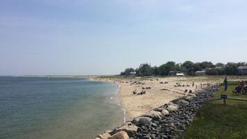 Pantai di sekitar, pasir putih, payung pantai, dan handuk pantai