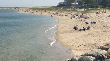 Beach nearby, white sand, beach umbrellas, beach towels