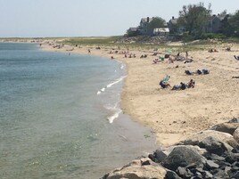Beach nearby, white sand, beach umbrellas, beach towels