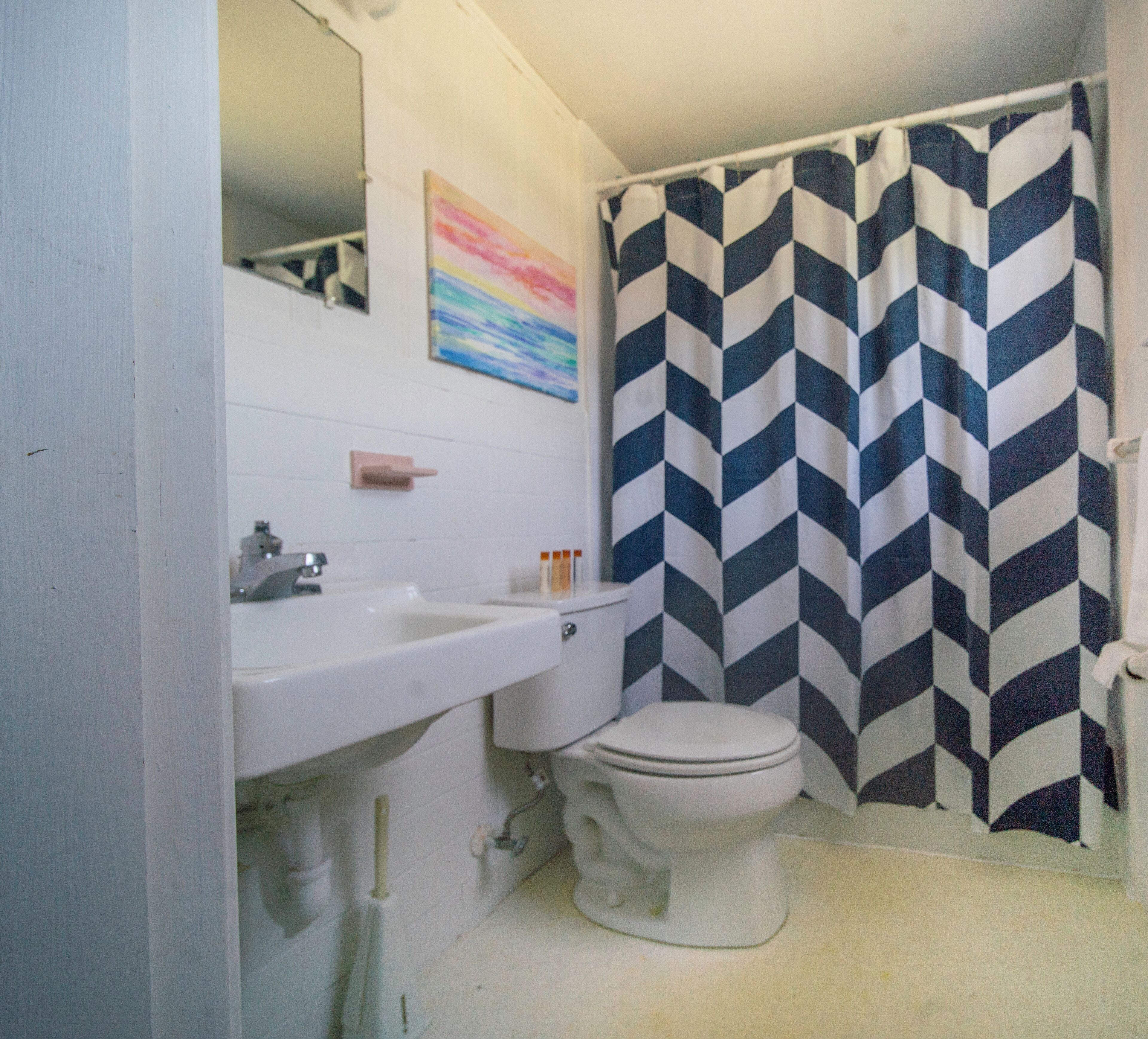 A bathroom with a white sink, a toilet, and a chevron-patterned shower curtain.