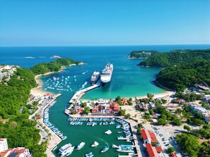 A coastal marina with multiple boats docked, a large cruise ship, and surrounding lush greenery.