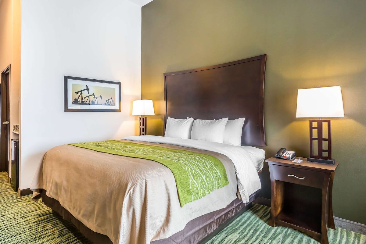Habitación de hotel con una cama grande, dos lámparas de noche, una mesita de noche con un teléfono y un cuadro en la pared.