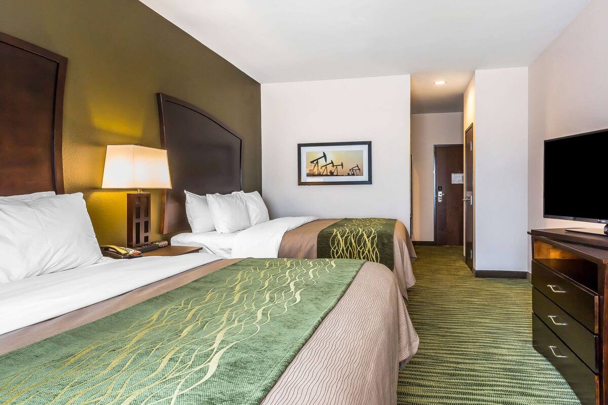 Habitación de hotel con dos camas, un televisor, un escritorio y un cuadro en la pared.