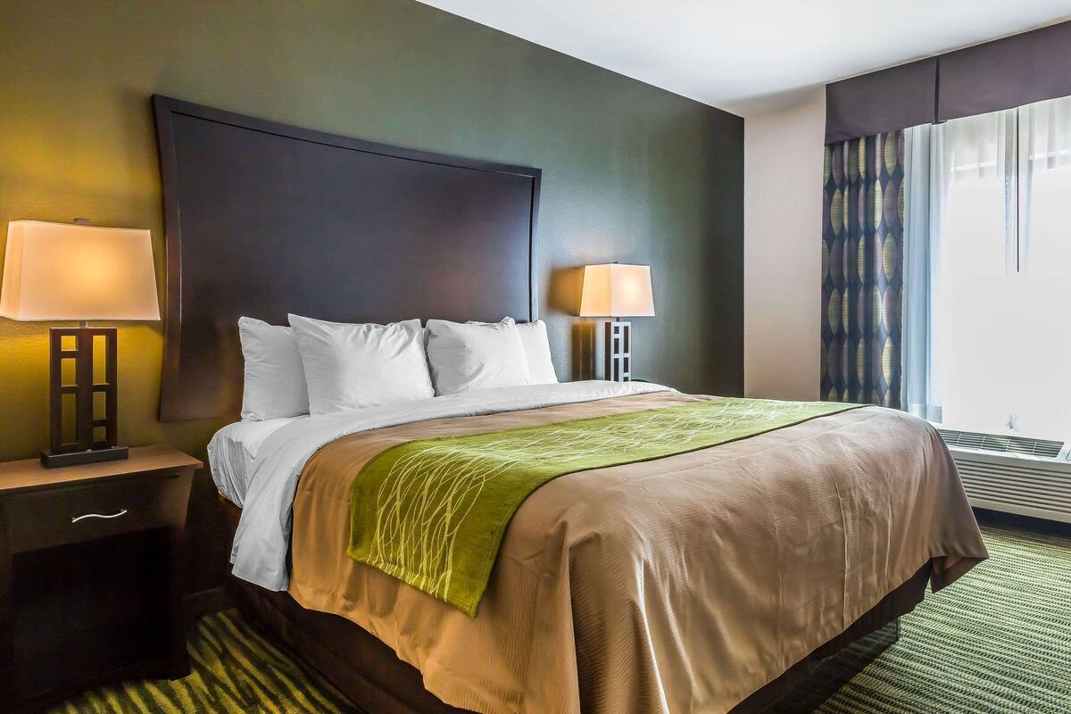Habitación de hotel con una cama grande, dos lámparas de noche, una manta verde y vistas al exterior a través de una ventana con cortinas.