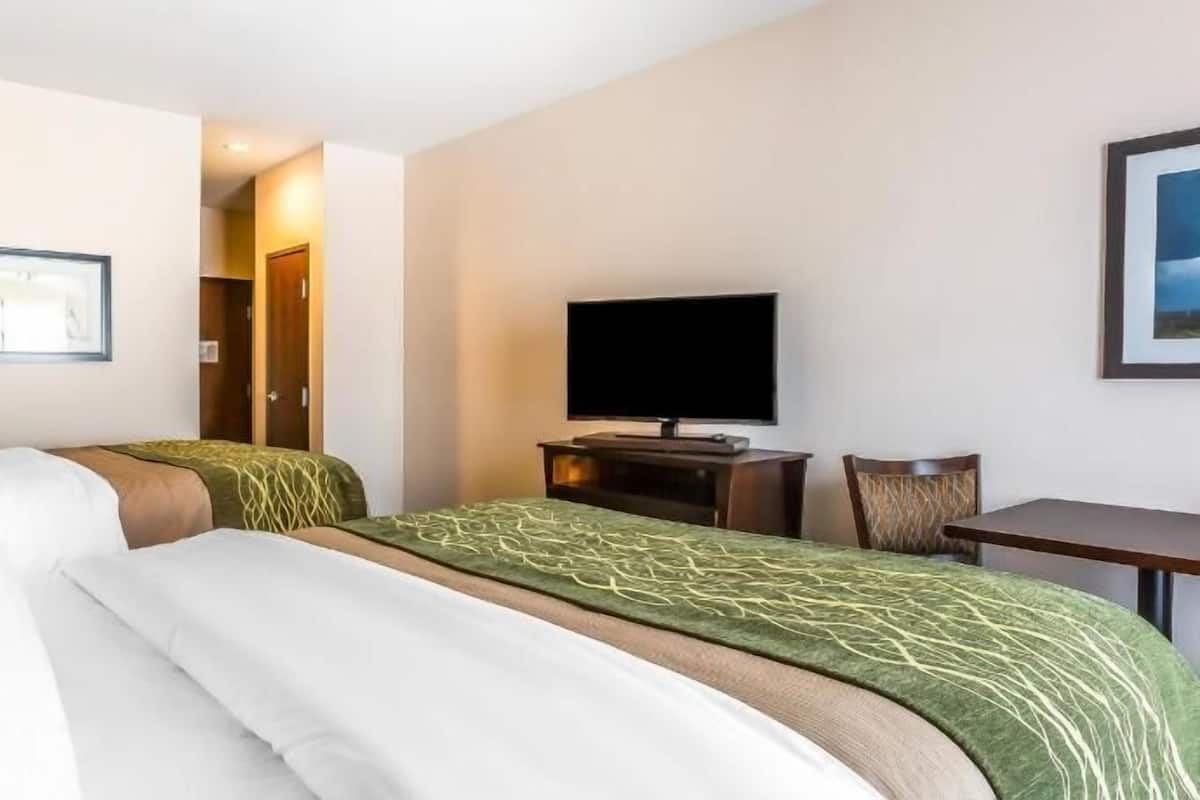 Habitación de hotel con dos camas, televisión, escritorio y silla.