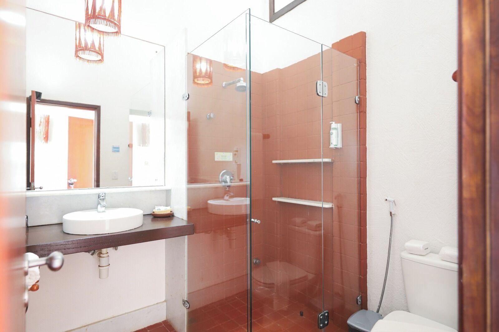 A modern bathroom with a glass-enclosed shower, a white sink, and a mirror above the sink.