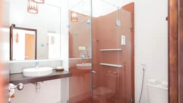 A modern bathroom with a glass-enclosed shower, a white sink, and a mirror above the sink.