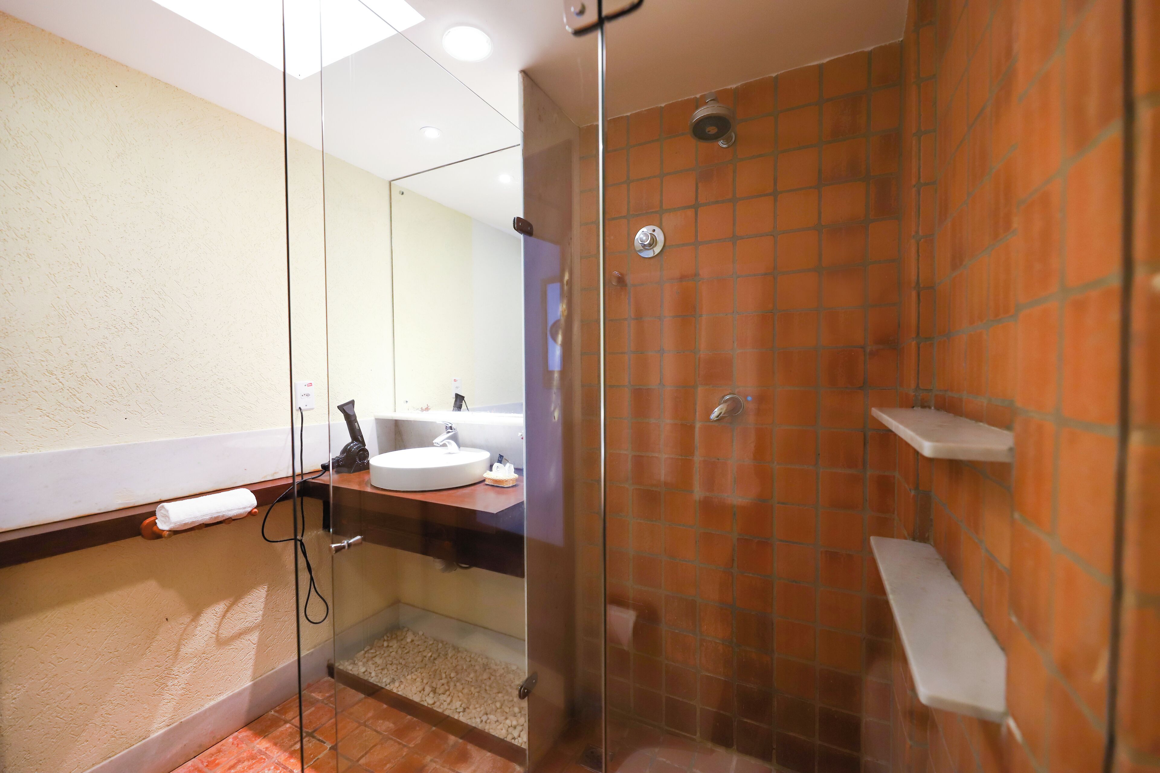 Une salle de bain avec une douche à parois de verre, un lavabo et un porte-serviettes.
