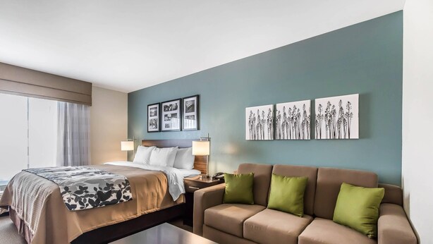 A hotel room with a bed, a sofa, a coffee table, and wall art. - Sleep Inn & Suites O'Fallon MO - Technology Drive (O'Fallon)