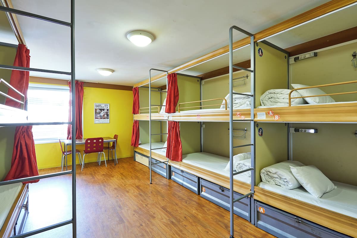 A dormitory room with bunk beds, a desk, chairs, and a window with curtains.