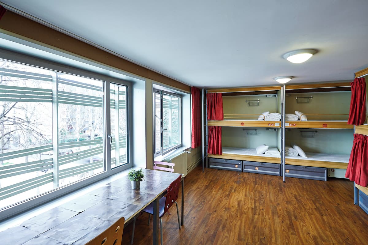 A dormitory room with bunk beds, a wooden table, a chair, and a window with a view of the outside.