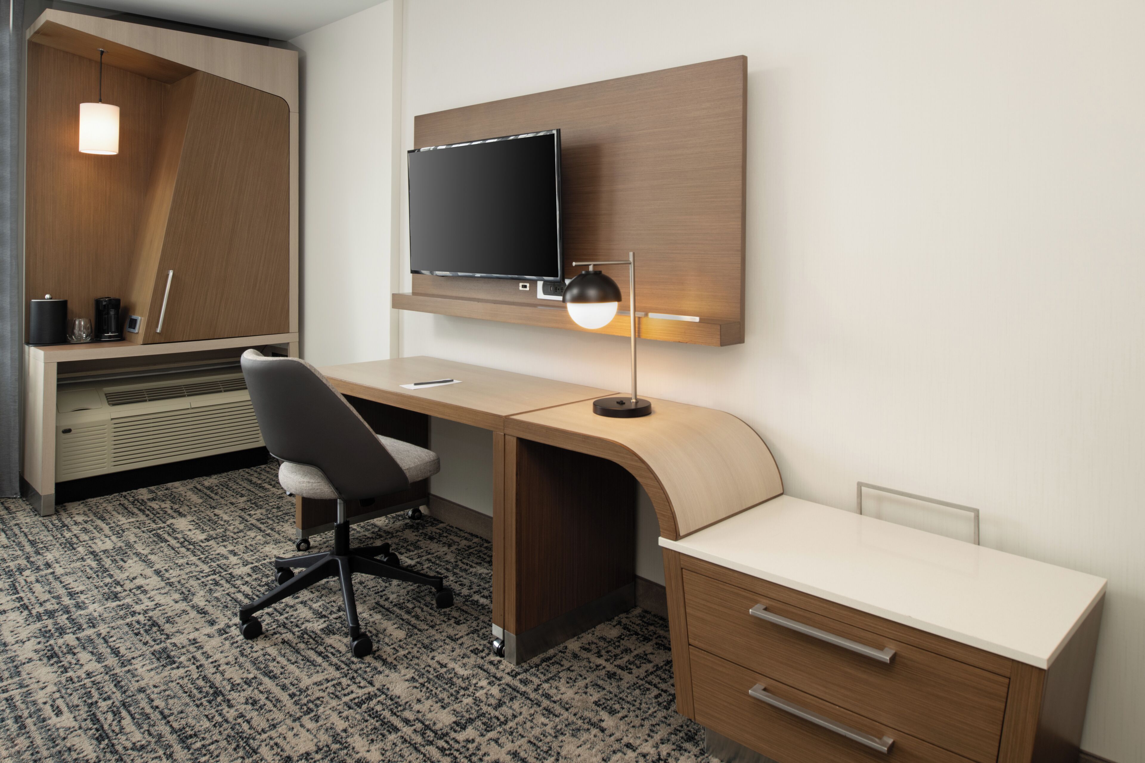 premium bedding, desk, laptop workspace, iron/ironing board