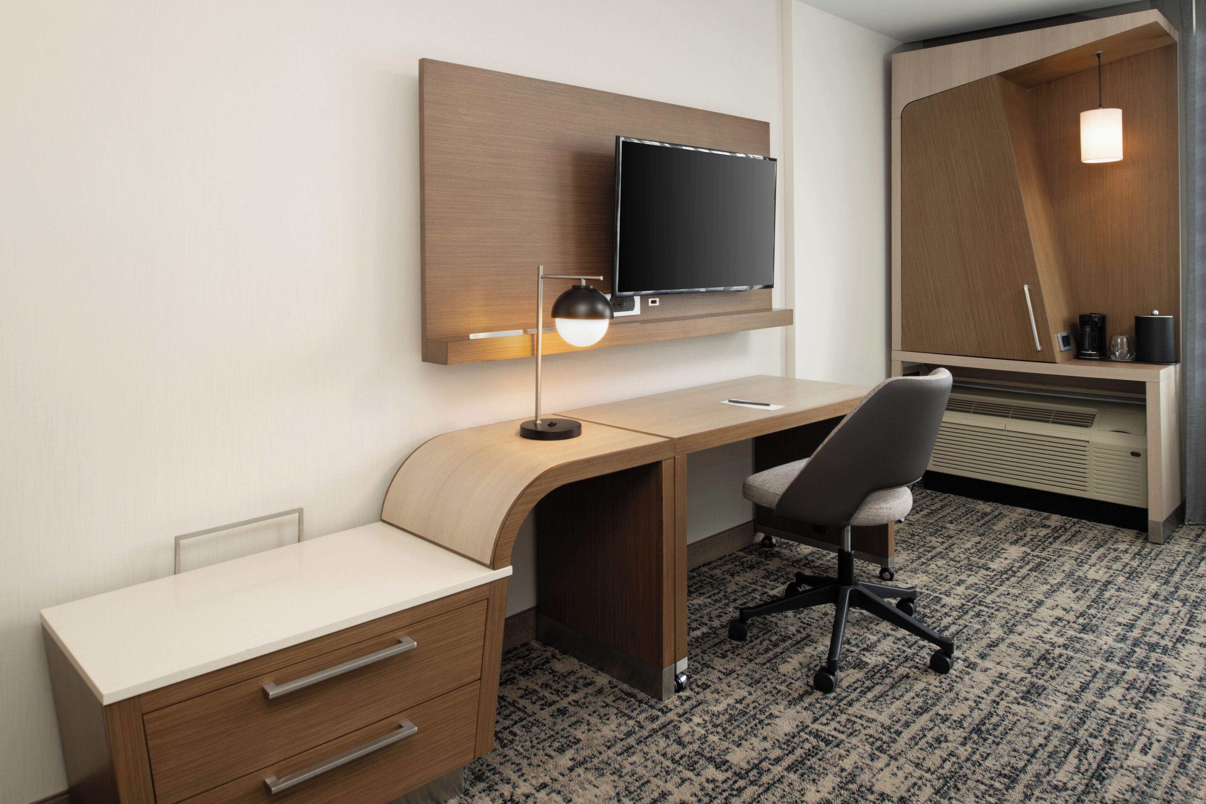 premium bedding, desk, laptop workspace, iron/ironing board