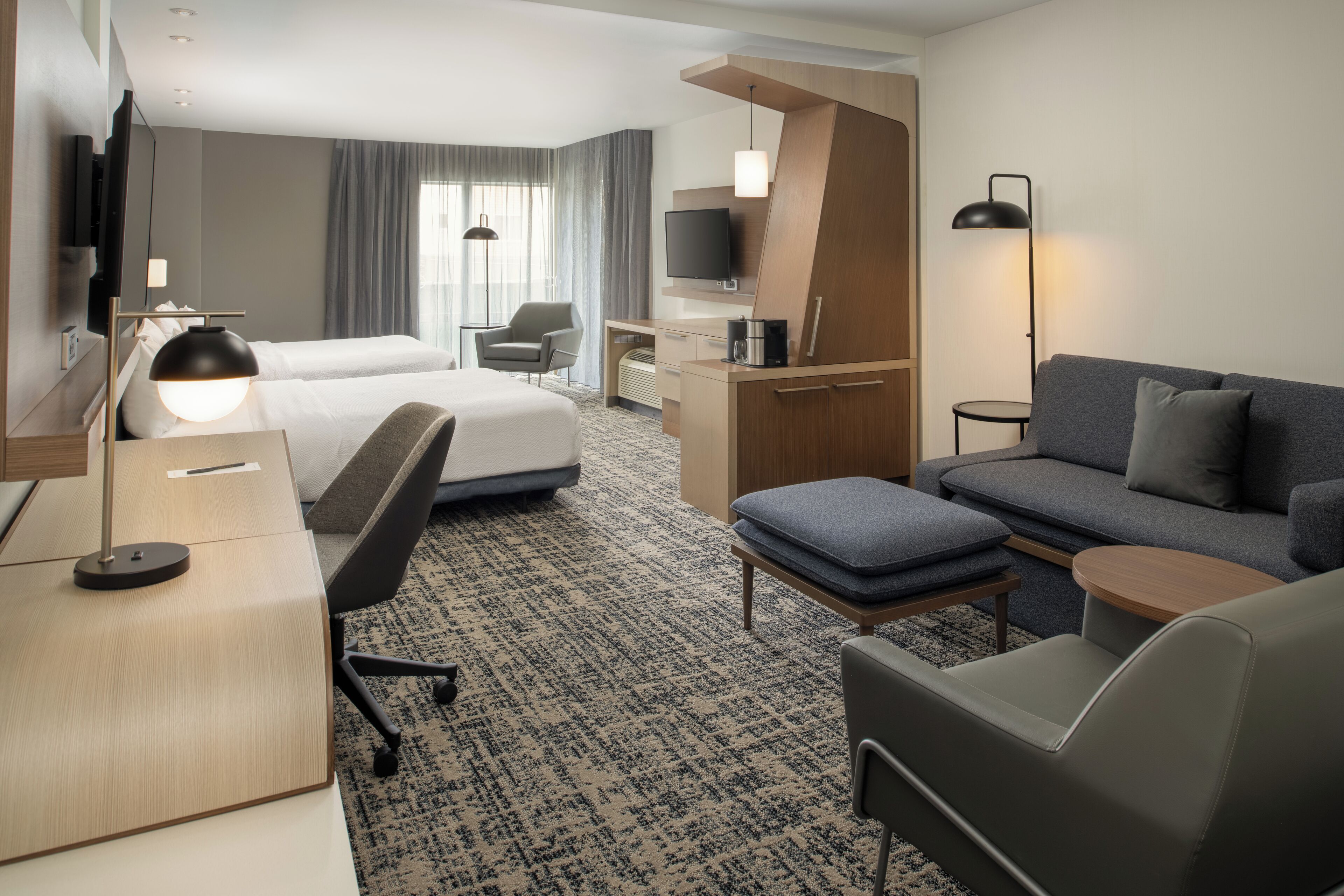 executive suite, 2 queen beds | premium bedding, desk, laptop workspace, iron/ironing board