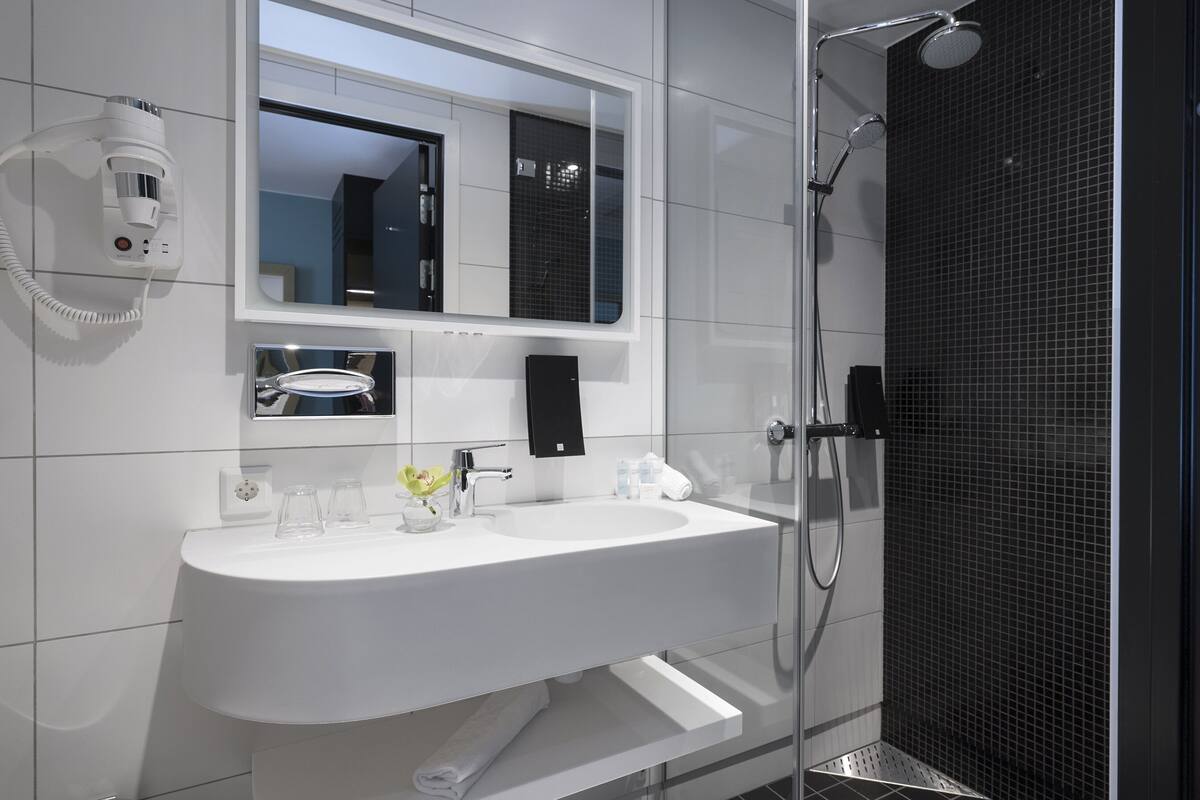 shower, free toiletries, hair dryer, towels