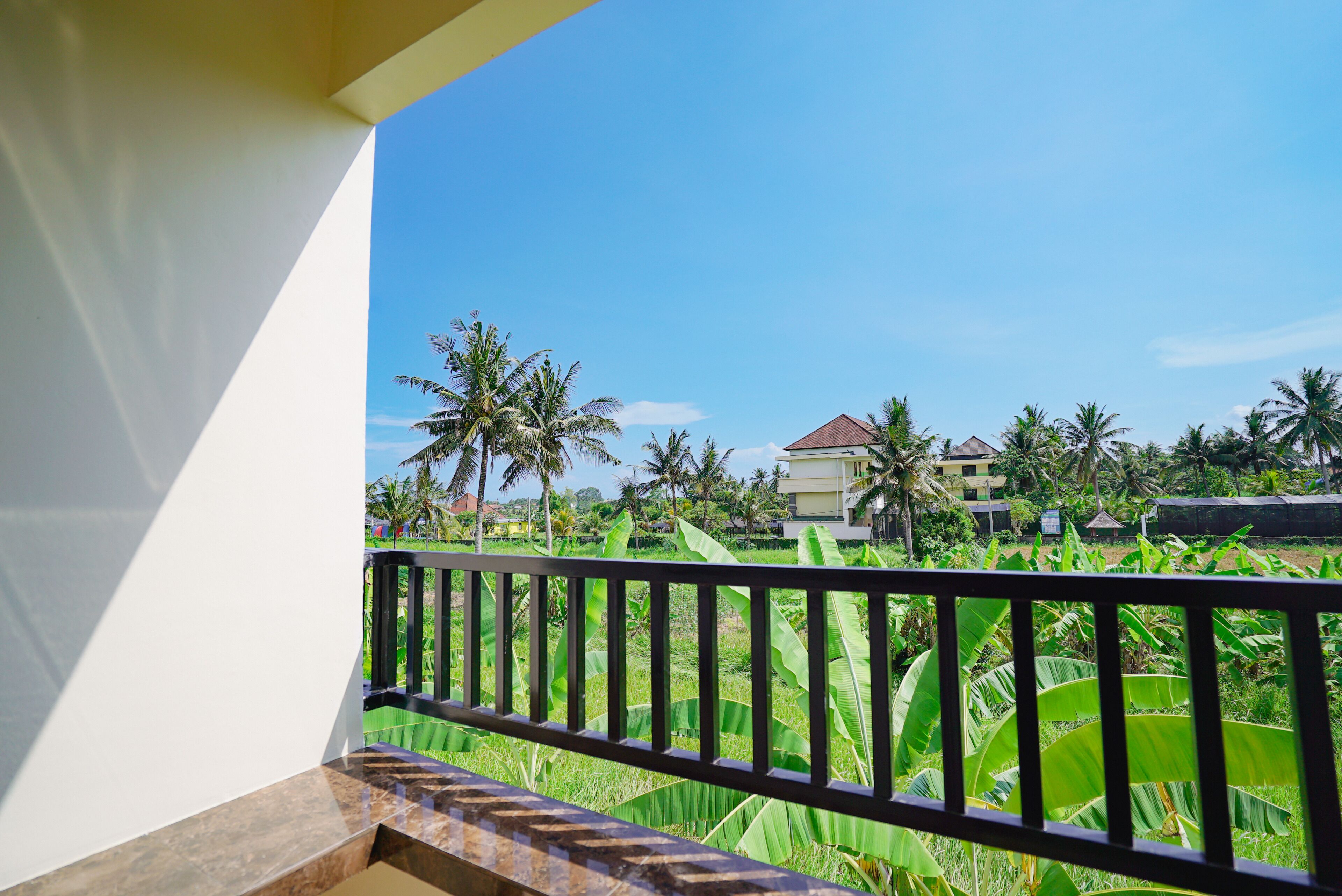 A balcony with a view of a tropical landscape, including palm trees and buildings.