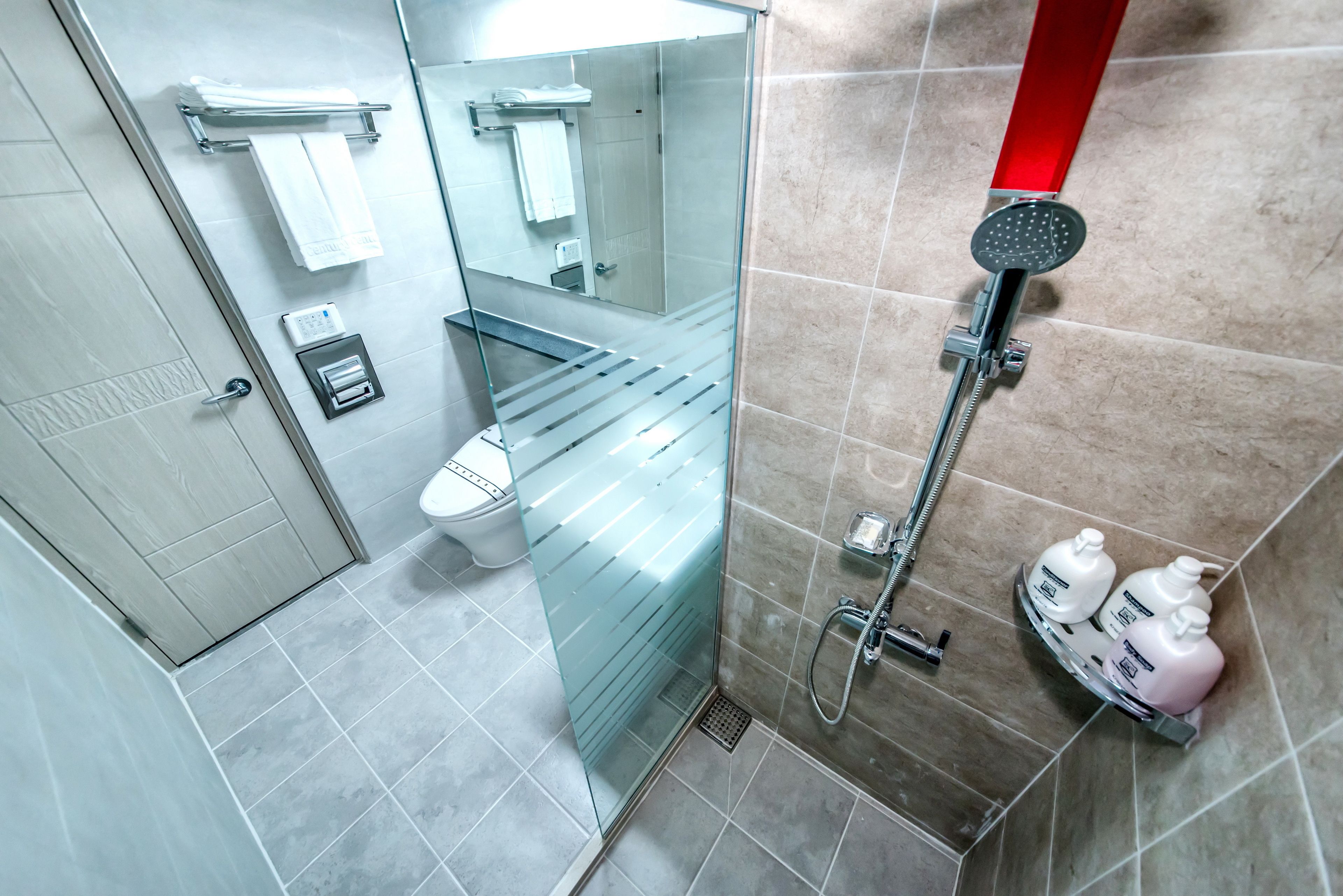 shower, hair dryer, slippers, bidet