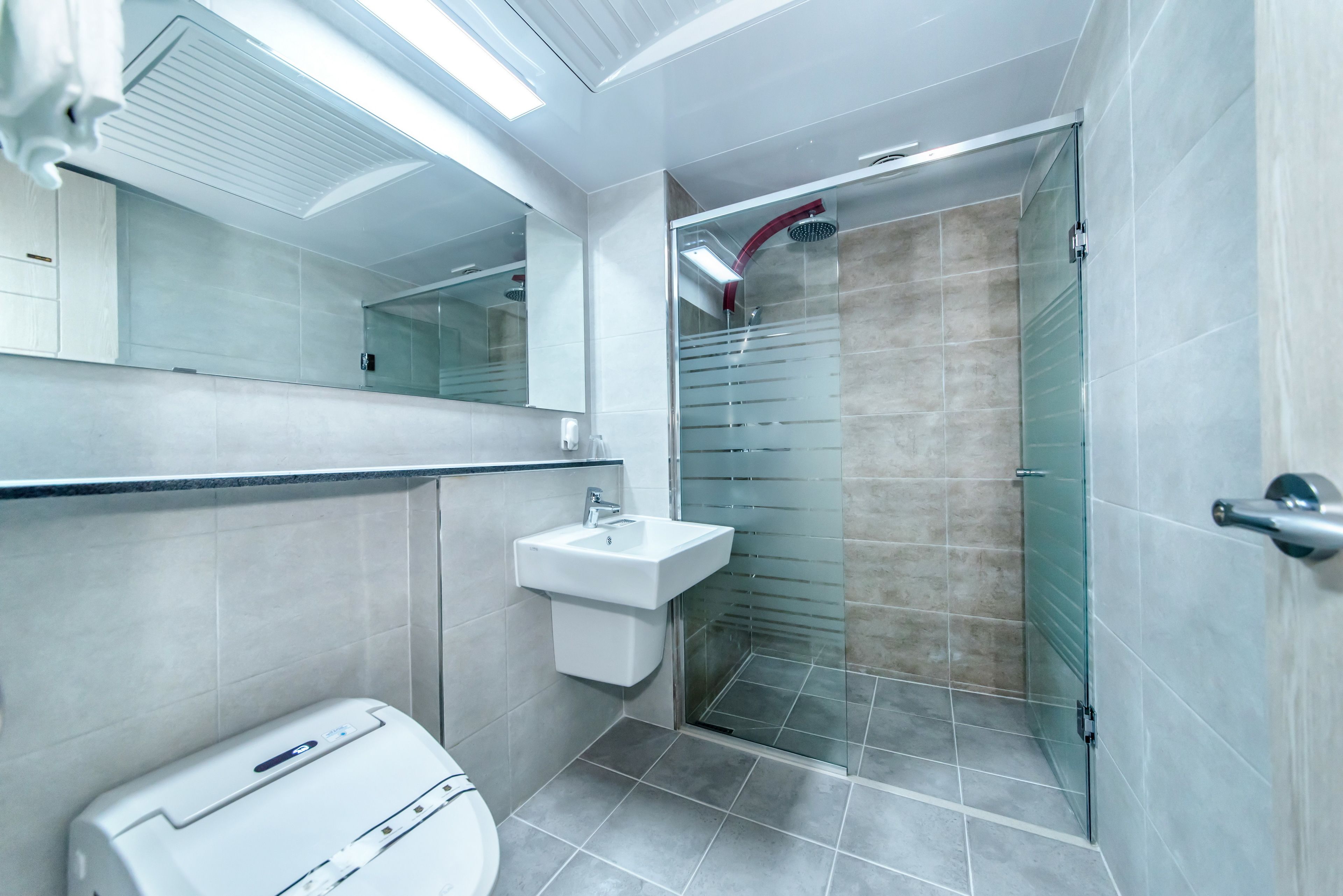 shower, hair dryer, slippers, bidet