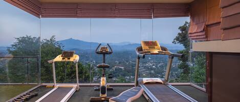 A gym with treadmills, dumbbells, and a stationary bike, overlooking a mountainous landscape.