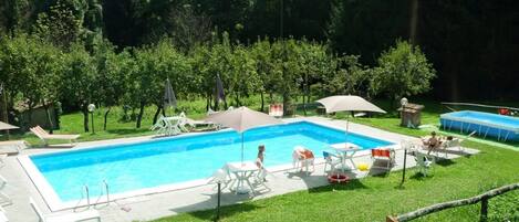 Außenpool (je nach Saison geöffnet), Sonnenschirme, Liegestühle