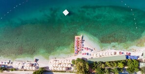 On the beach, sun-loungers, beach umbrellas, snorkelling