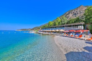 On the beach, sun-loungers, beach umbrellas, snorkelling
