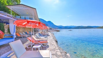 On the beach, sun-loungers, beach umbrellas, snorkelling