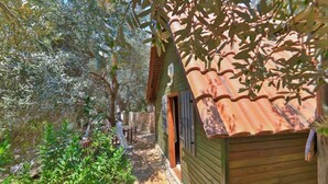 A wooden house with a tiled roof, a stone pathway, and surrounding greenery. - Olympos Mocamp Kas (Kas)