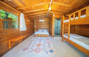 Una cabaña de madera con literas, una cama individual, un banco y una alfombra estampada.