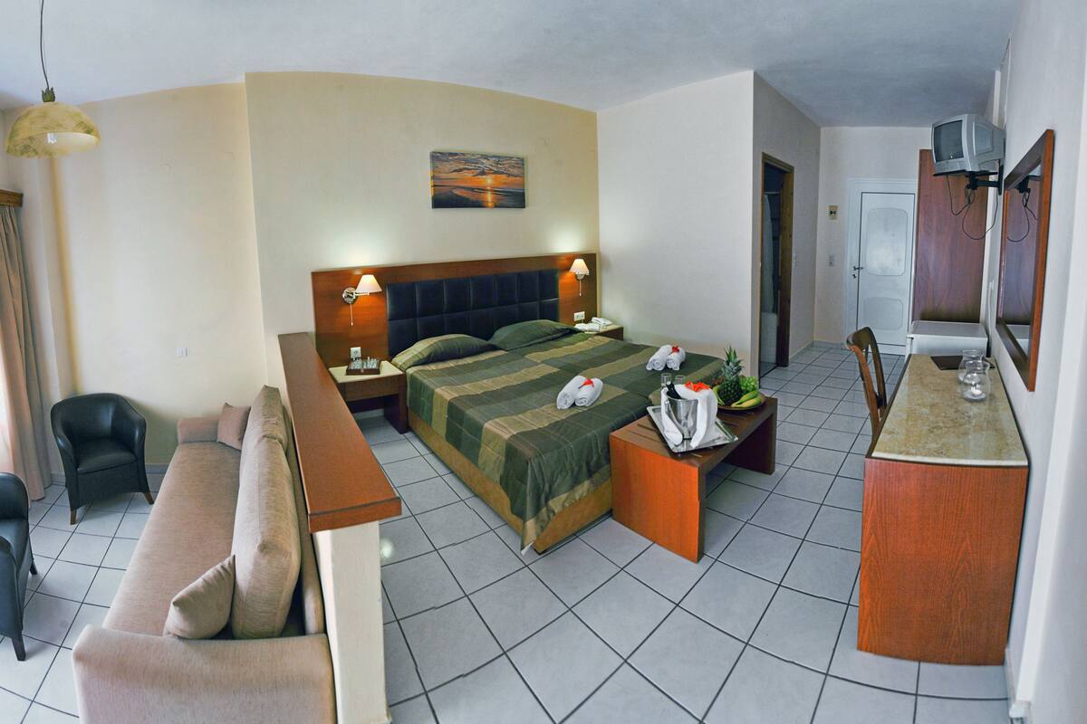 Une chambre d’hôtel avec un lit, un bureau, une chaise, une télévision et un tableau au mur.