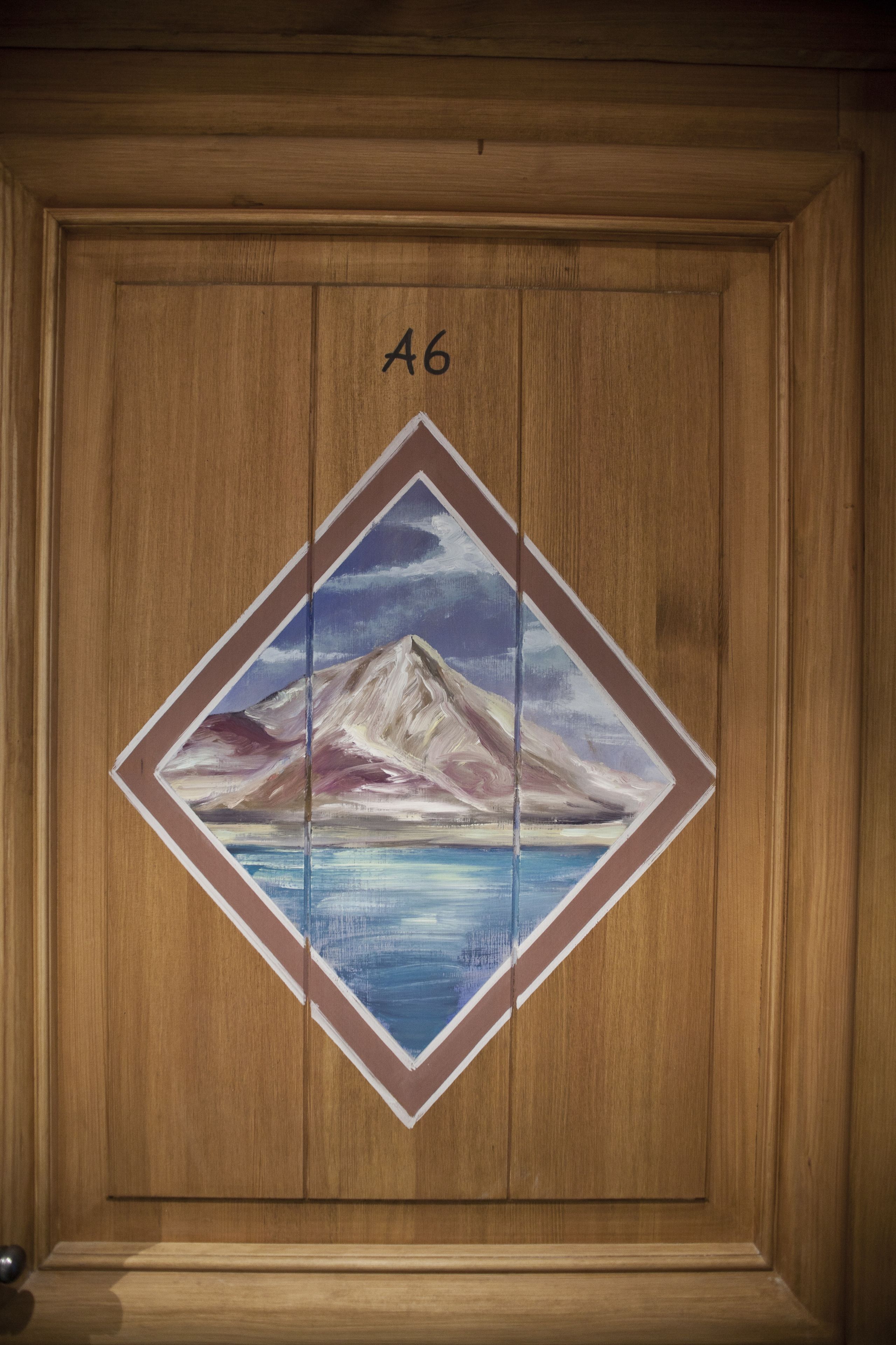 A wooden door with a painted mountain landscape and the number A6.