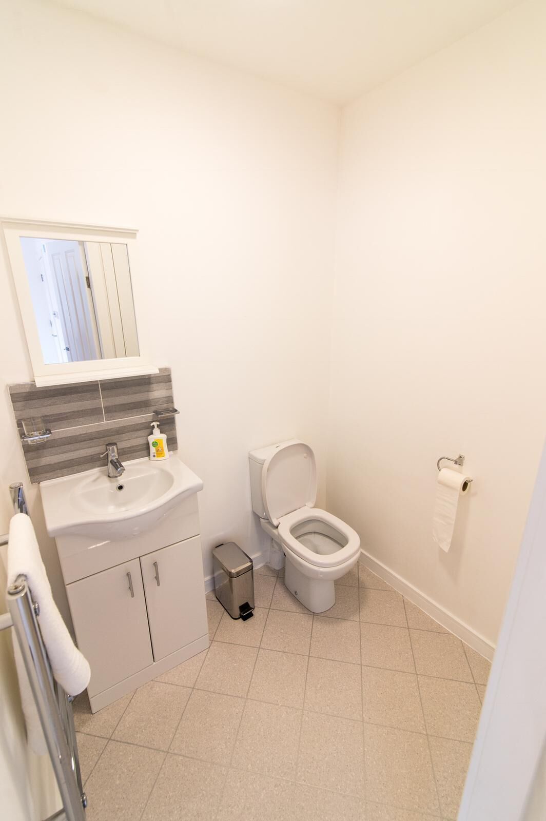 A bathroom with a sink, toilet, and a mirror above the sink.