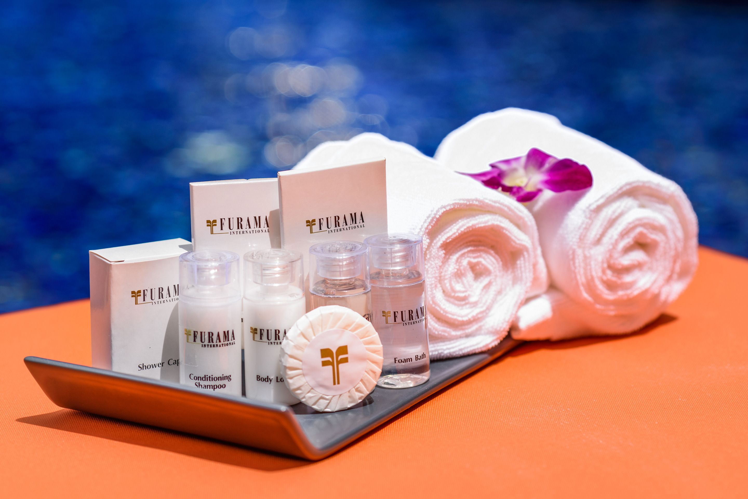 free toiletries, hair dryer, slippers, towels