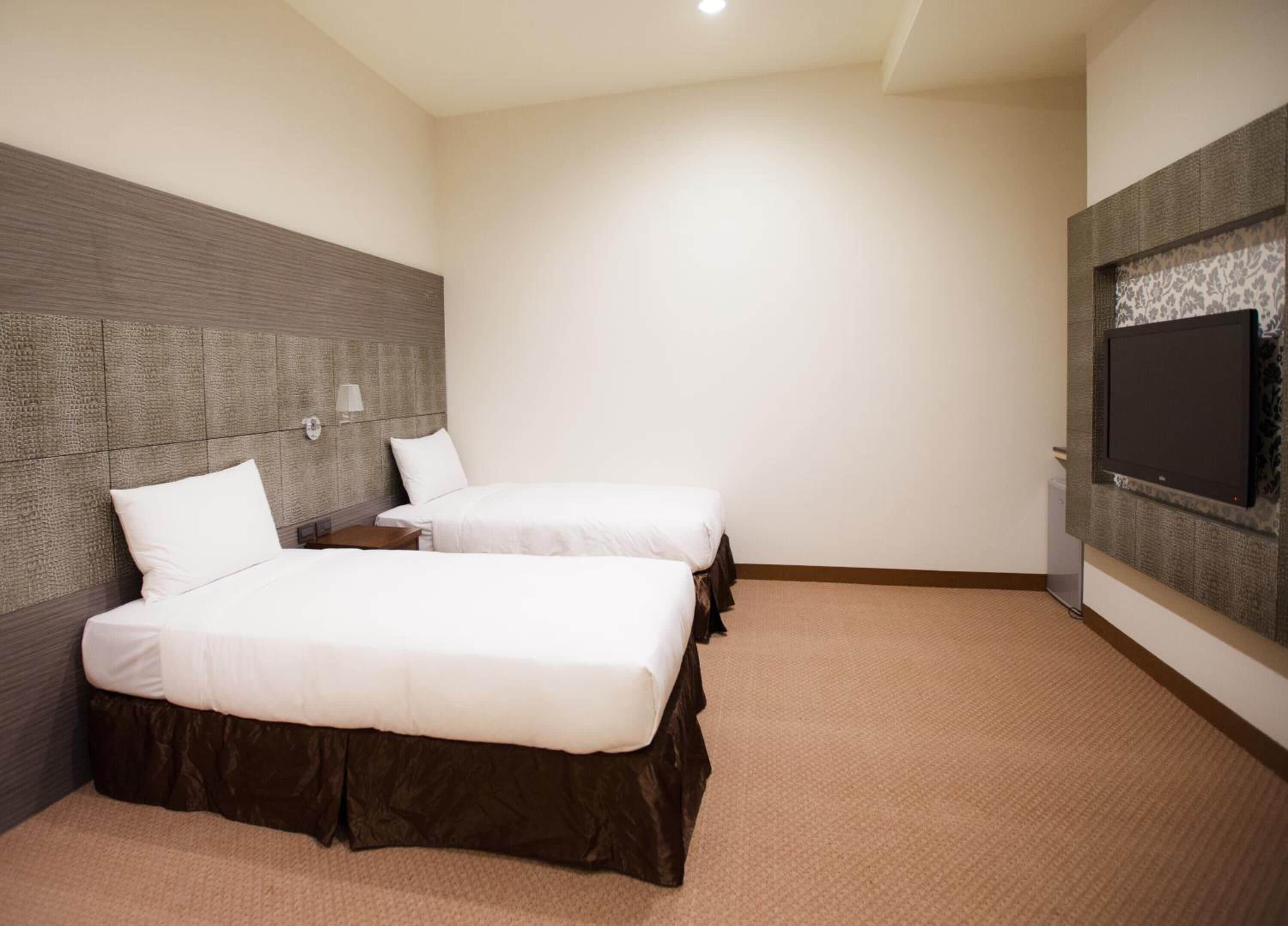 Een hotelkamer met twee bedden, een wandgemonteerde flatscreen televisie en een vloerbedekking.