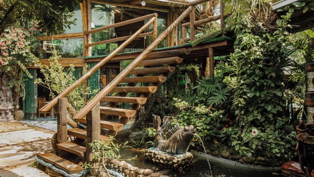 A wooden staircase leading to a wooden deck surrounded by lush greenery and a small pond with a fish sculpture. - Grajagan Surf Resort (Paranaguá)