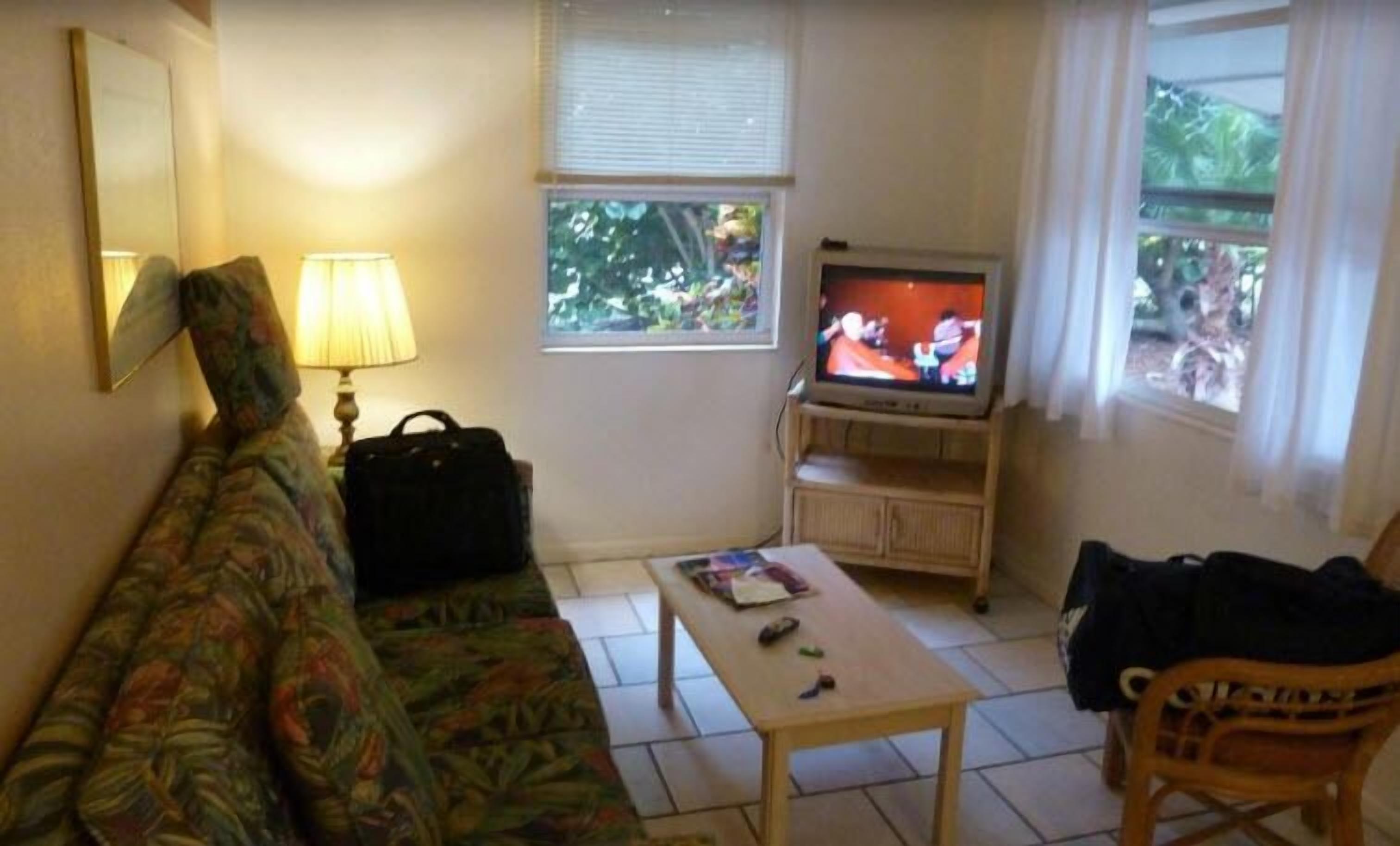 A living room with a sofa, a coffee table, a television, and a window with a view of trees.