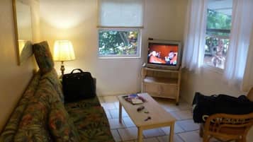 A living room with a sofa, a coffee table, a television, and a window with a view of trees.