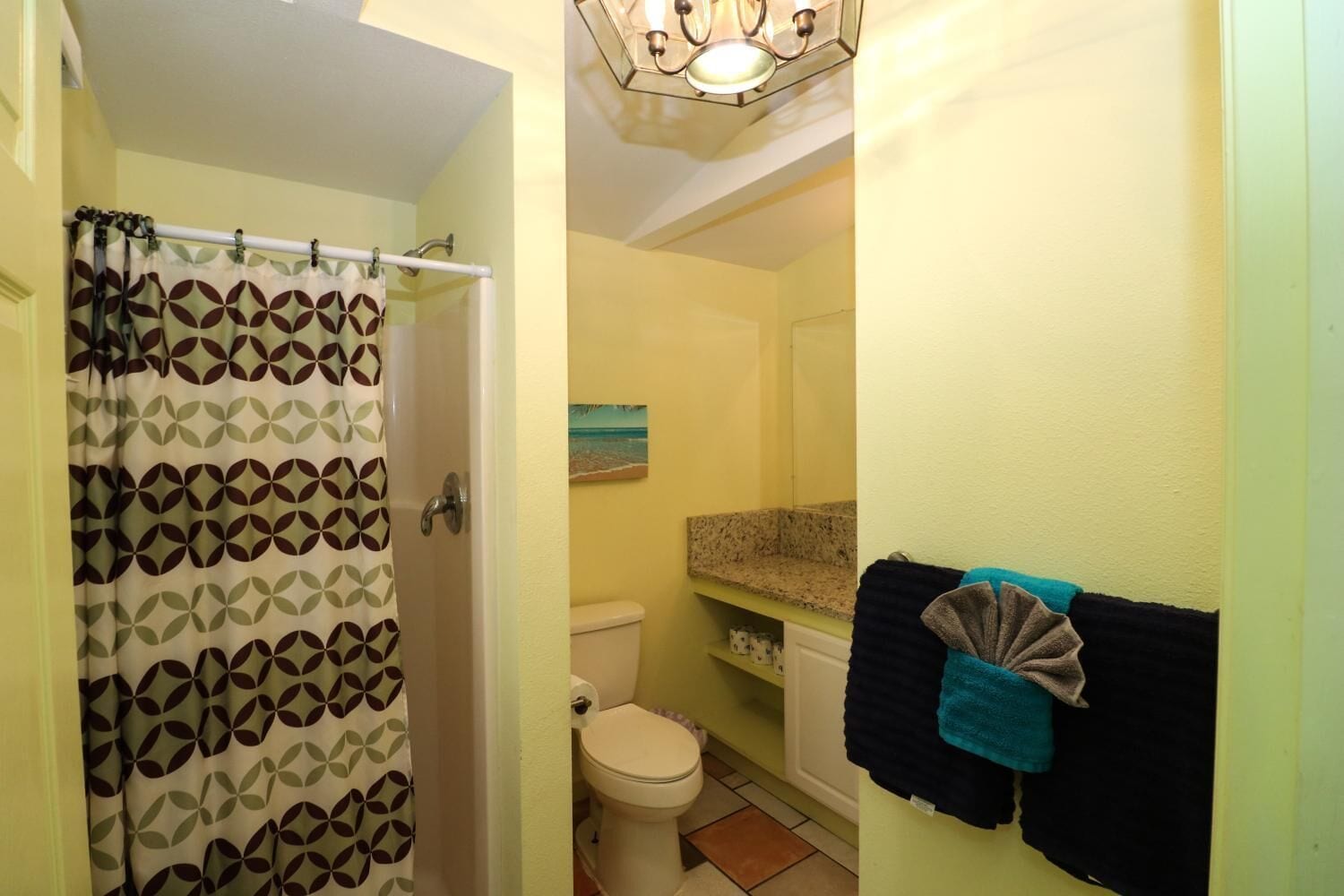 Une salle de bain équipée de toilettes, d’un rideau de douche et d’un porte-serviettes avec des serviettes.