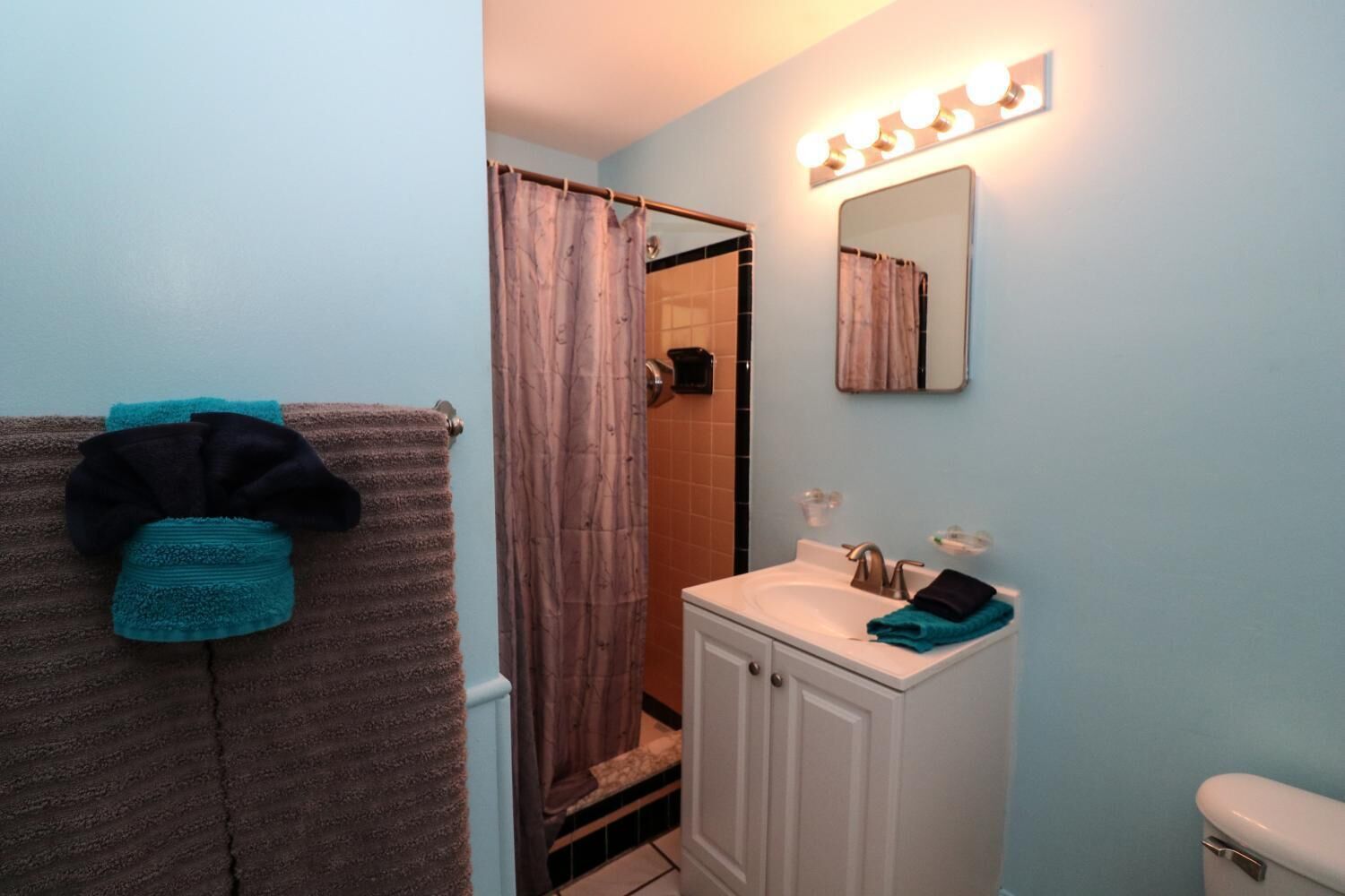 Een badkamer met een douche, een wastafel met spiegel en handdoeken aan de muur.