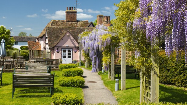 Ein Weg führt zu einem traditionellen Haus mit Garten, Bänken und violetten Glyzinien.