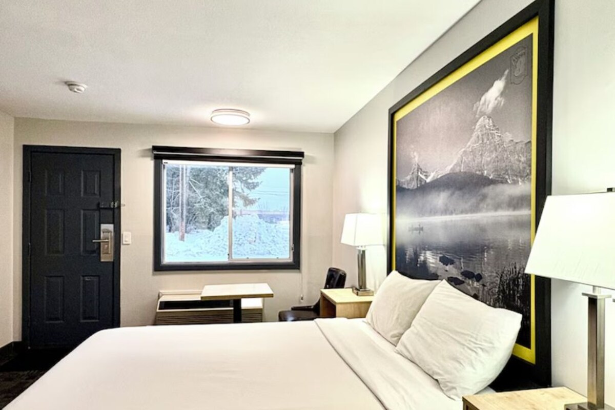 A hotel room with a bed, a desk, a chair, a window with a view of trees, and a framed picture on the wall.
