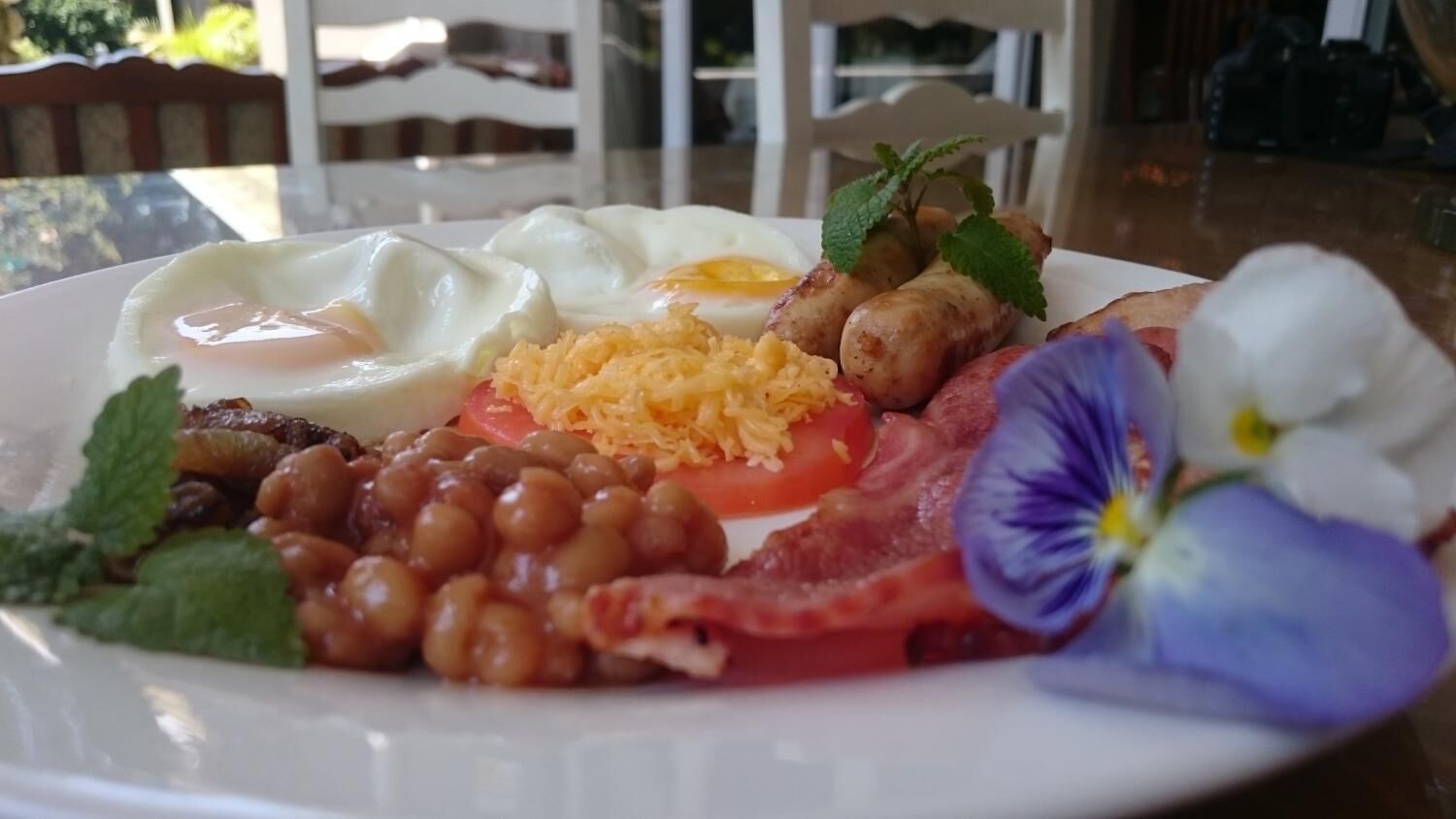 A plate of food with eggs, beans, tomatoes, and bacon.