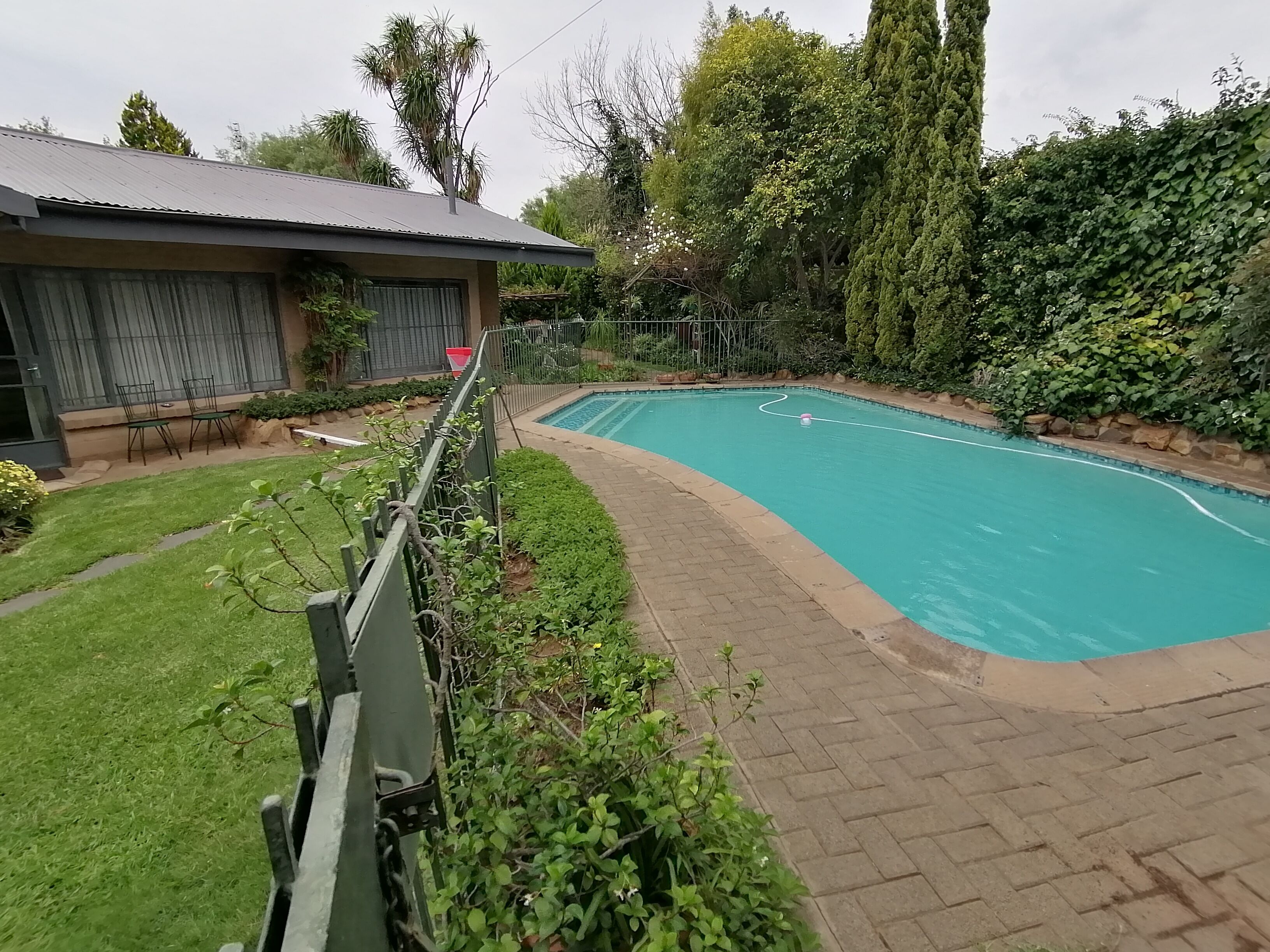 A swimming pool with a brick pathway, surrounded by lush greenery and a house with a metal roof.